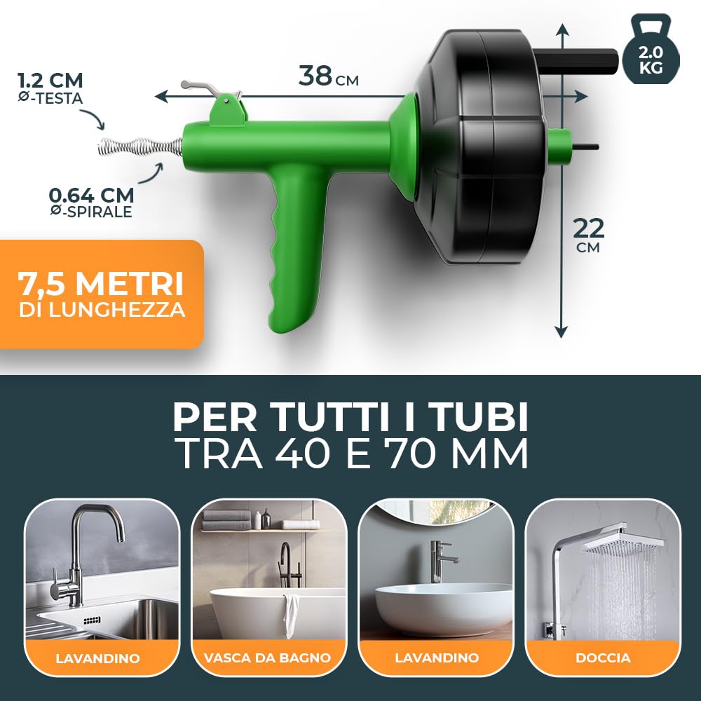 Meisterfaktur Sonda Sturatubi per Pulizia [7,5 m] - Funzione Automatica - Molla Stura Tubi Ideale con Alimentazione Automatica - Sonda Idraulica Stura Lavandini e Scarichi per Amanti del Fai da Te!