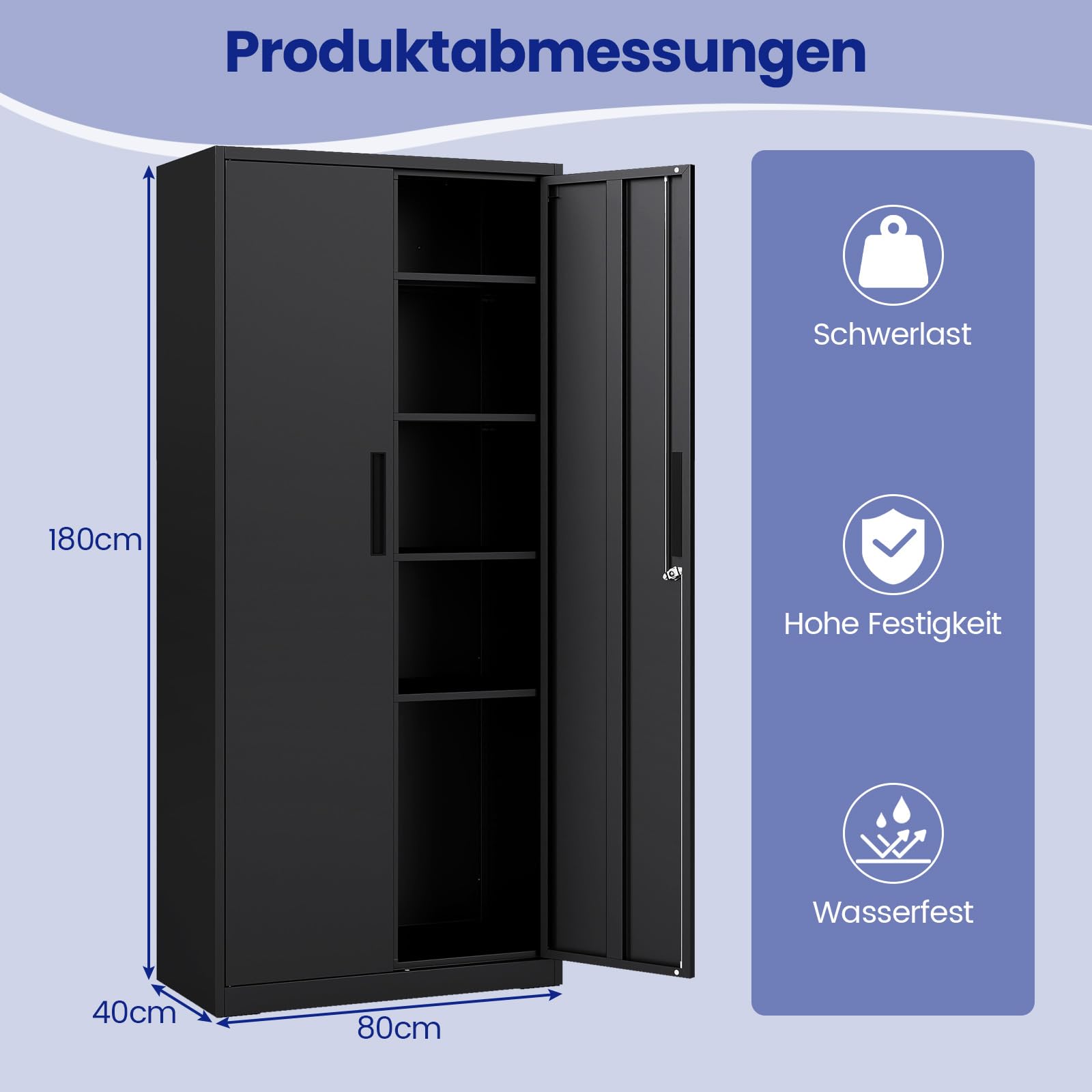 COSTWAY Aktenschrank abschließbar, 180 cm Metallschrank mit Doppeltür & 4 verstellbaren Regalen, Büroschrank Stahl, Mehrzweckschrank Werkstattschrank für Büro, Wohnzimmer, Garage, Schwarz
