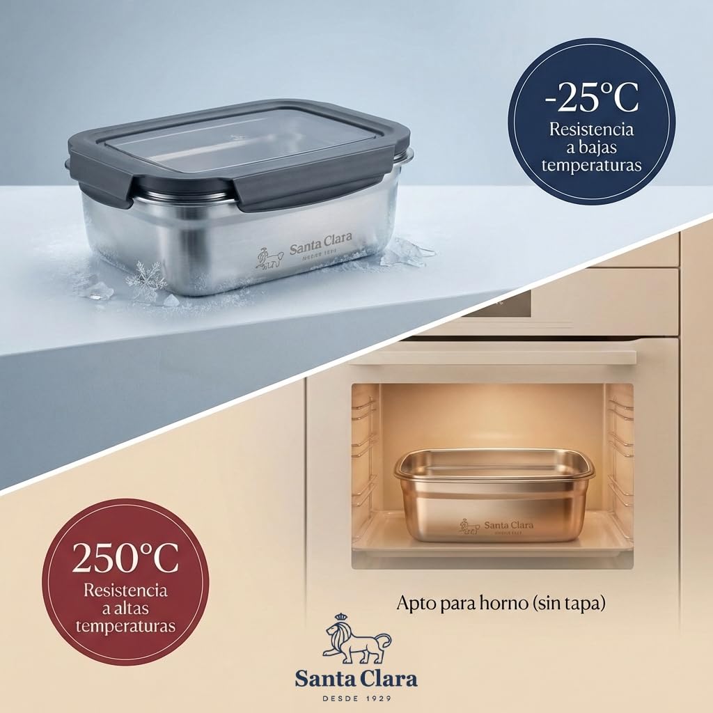 INDE SANTA CLARA | Fiambrera de Acero Inoxidable 0.6L Hermética para Microondas, Tapa Plástica con 4 Cierres, Apta para Horno, Tupper Acero Inoxidable, Bento Box, Termo Comida — view 5