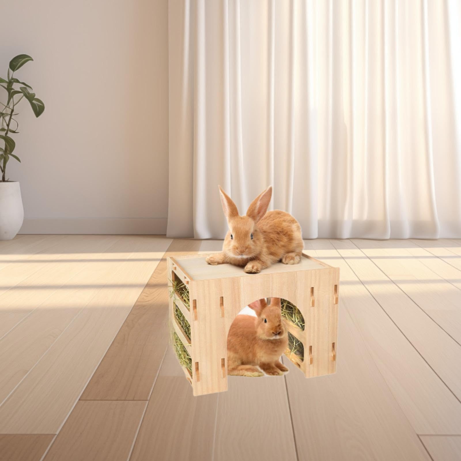 Donateur de Chauffage en Bois pour Lapins, Maisonnette pour Hamsters, Jouets D'enrichissement Interactifs, Mangeoire, Râtelier à Foin pour Lapins,