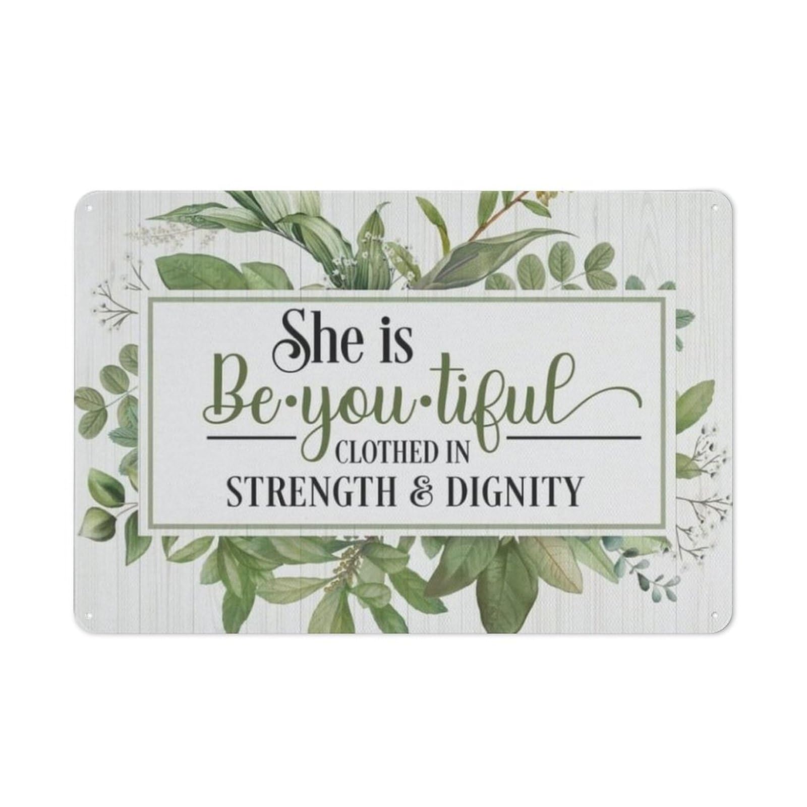 Yepyayqvk Retro Metal Tin Signs Christian Wall Decor Poster Aluminum Tin Sign Strength & Dignity Posters For Room Aesthetic And Decor Poster For Home Living Room Bedroom Office Decor 8x12 Inch