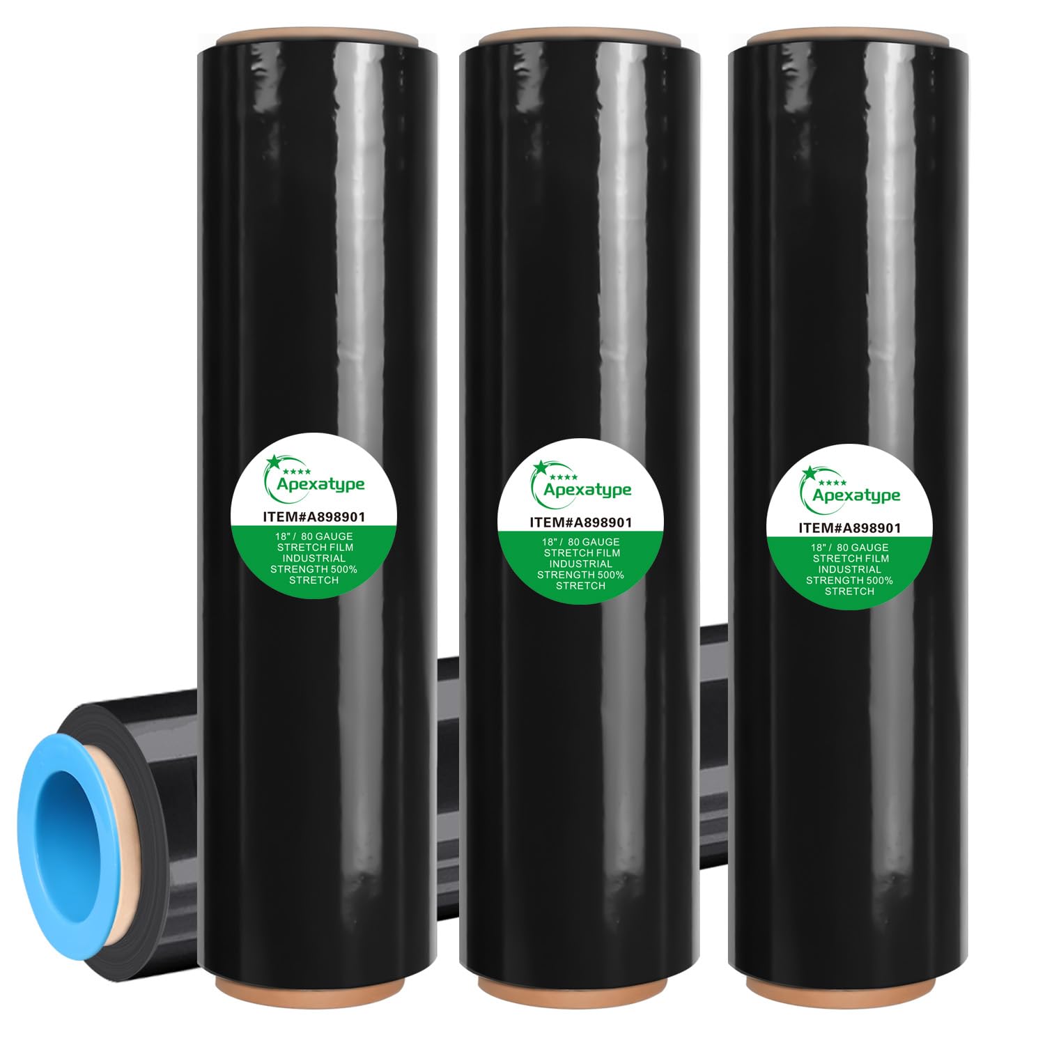 18" x 1500' Black Plastic Shrink Wrap Roll - 80 Gauge, 500% Stretch Industrial Strength Moving Wrap, Heavy Duty Pallet & Furniture Protection - 4 Roll