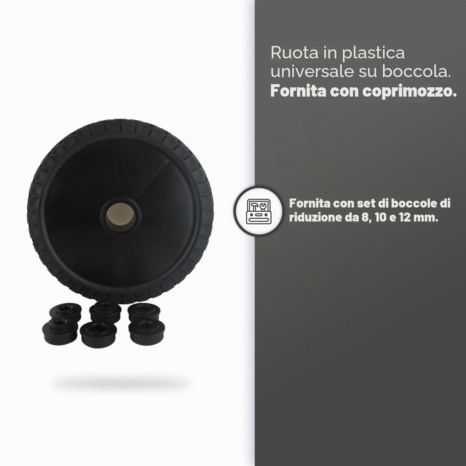 GREENSTAR - Ruota in plastica universale su anello + coprimozzo - Diametro 180 mm - Anelli di riduzione 8/10/12 mm