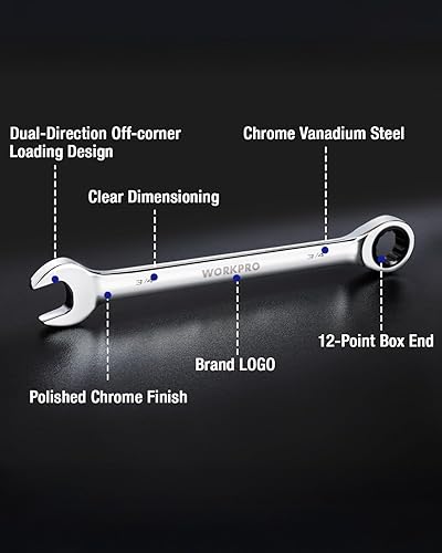 Miniatura 33 de WORKPRO Juego de llaves combinadas de trinquete de cabeza flexible de 8 piezas, SAE 5/16-3/4 pulgadas, 72 dientes, construcción CR-V, niquelado