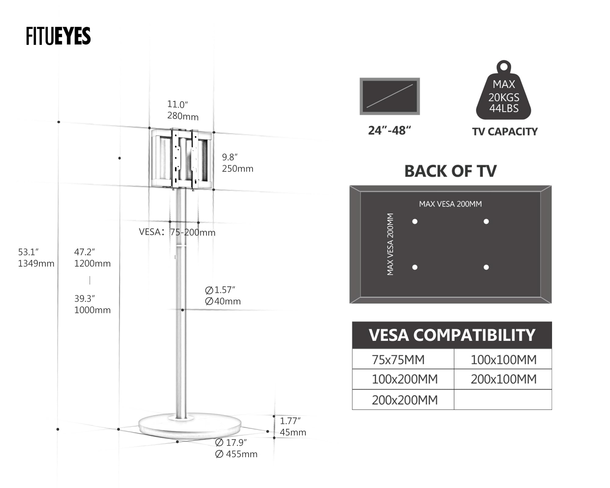 FITUEYES Support TV Pied pour TV 24-48 Pouces Support TV roulettes Max VESA 200 * 200 mm Jusqu'à 20 kg Hauteur et Angle Réglable Série Master