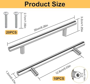 Pack of 10 Furniture Handles, Handles for Kitchen Cabinets, 128 mm Hole Spacing, Stainless Steel Kitchen Handles (Silver, 128mm)