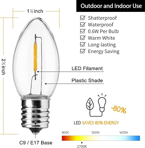 Miniatura 2 de Brightown Paquete de 50 bombillas LED C9 de Navidad, bombillas LED C9 inastillables de plástico transparente, repuesto para luces de cadena de