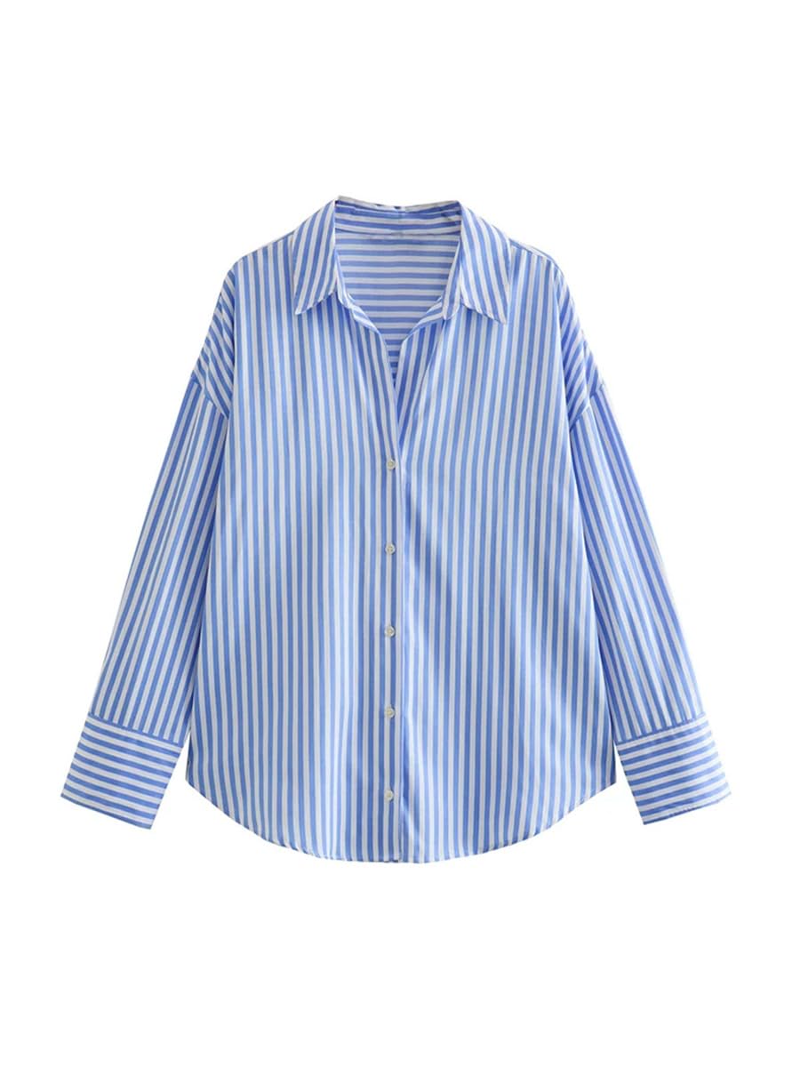 Camisa básica de popelina para mujer, estilo retro, con solapa, manga larga, abotonada, versátil