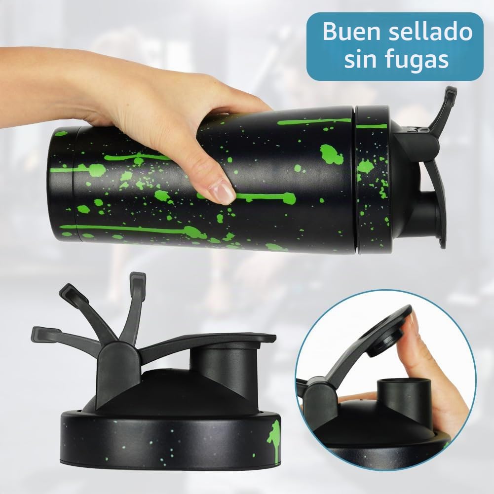 AOOWU Coctelera de Proteína de Acero Inoxidable, 750ml Botella Batidora de Proteínas con Bola Mezcladora, Protein Shaker con Cepillo limpieza, BPA Libre, Coctelera de Proteína Sport Fitness