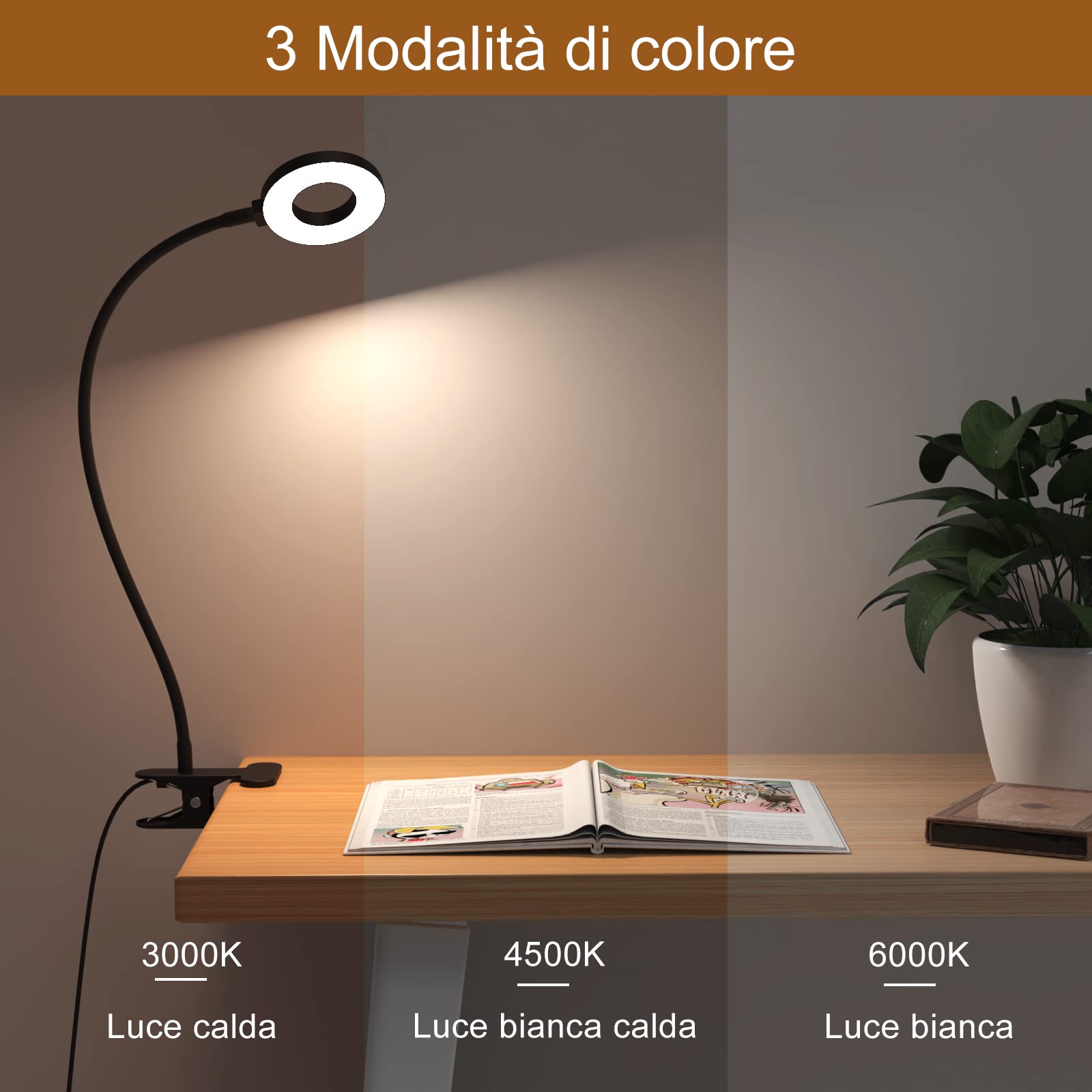 iZELL Lampada da Lettura 23 LED con Caricatore USB Lampada con Pinza-3 Colore e 10 Luminosità, Blocca 99.99% della Luce Blu Lampada Scrivania con Morsetto per Libro, Lavoro, Letto, Tavolo-40CM