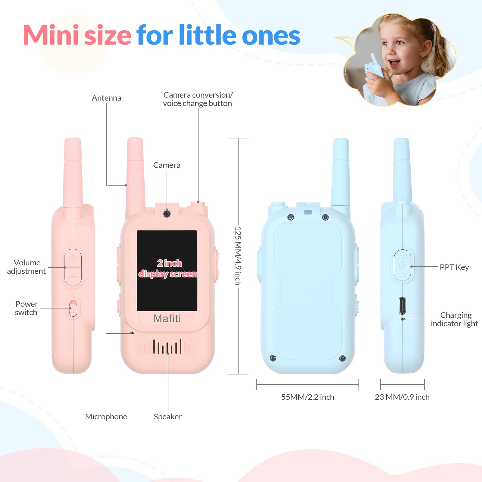 Mafiti mini vidéo walkie talkies jouets pour 3 4 5 6 7 8 ans garçons filles mini vidéo walkie talkies pour enfants lot de 2 rechargeable 1000 pieds plage anniversaire intérieur extérieur (Bleu + Rose)