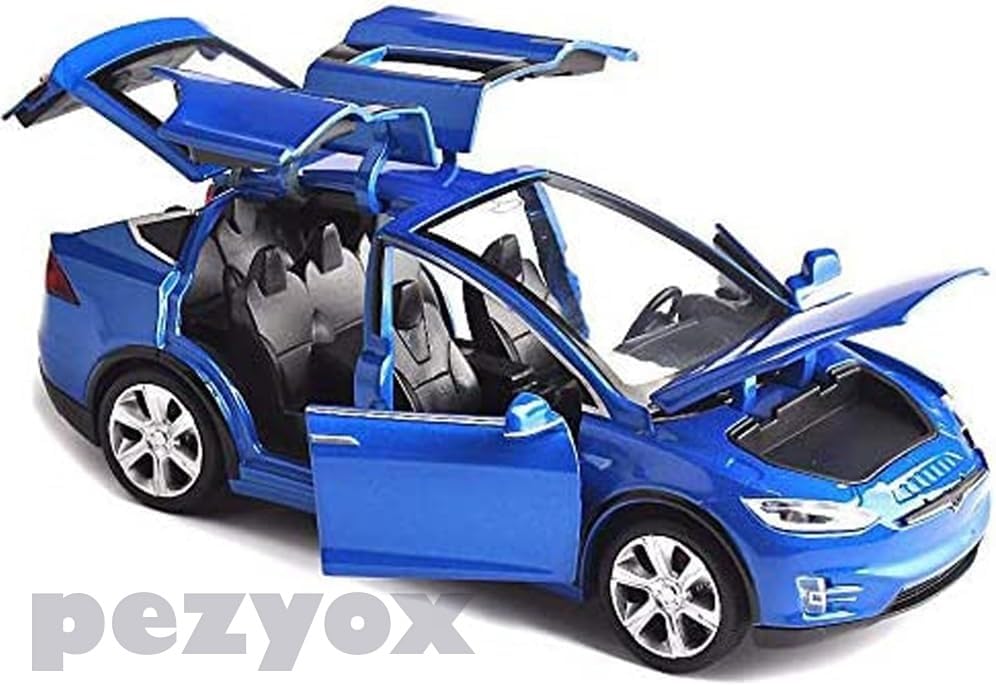 Image of 1:32 Scale Car Tesla Model X90 Alloy 1 /32 Diecast Model Car w /Sound & Light Pull Back Model Mini Vehicles Toys for Kids (Blue)
