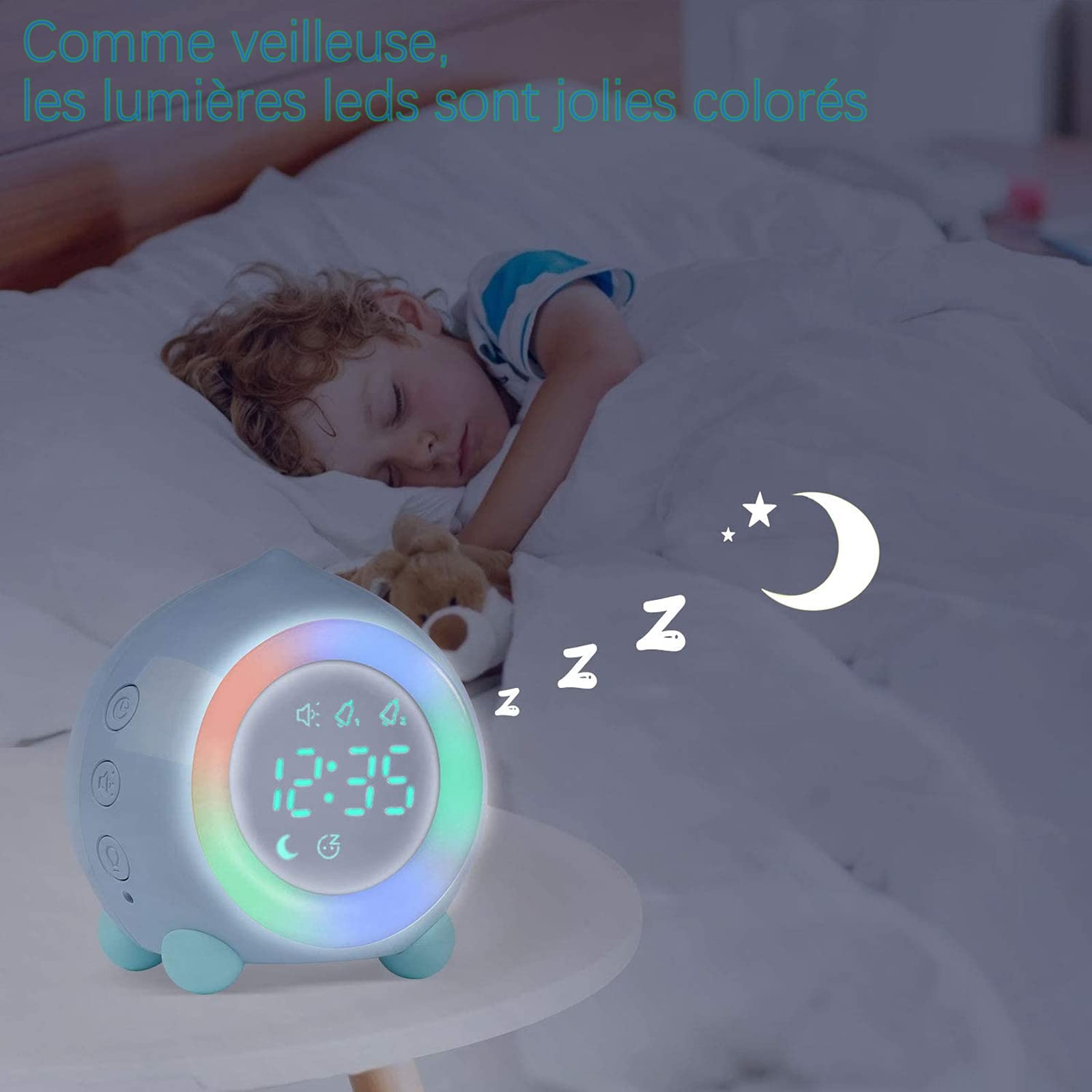 Azyh Sveglia per Bambini, Sveglia Digitale con Luce Notturna a 11 RGB Colori, Regali per Ragazzi e Ragazze, Macchina del Suono del Sonno,Orologio per Comodino, Regalo, Snooze, 2 Allarmi, Cavo USB