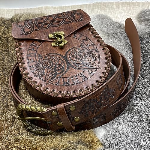 HiiFeuer Medieval Embossed O Ring Belt with Nordic Embossed Belt Bag, Vintage Faux Leather Belt and Belt Pouch Set for LARP3