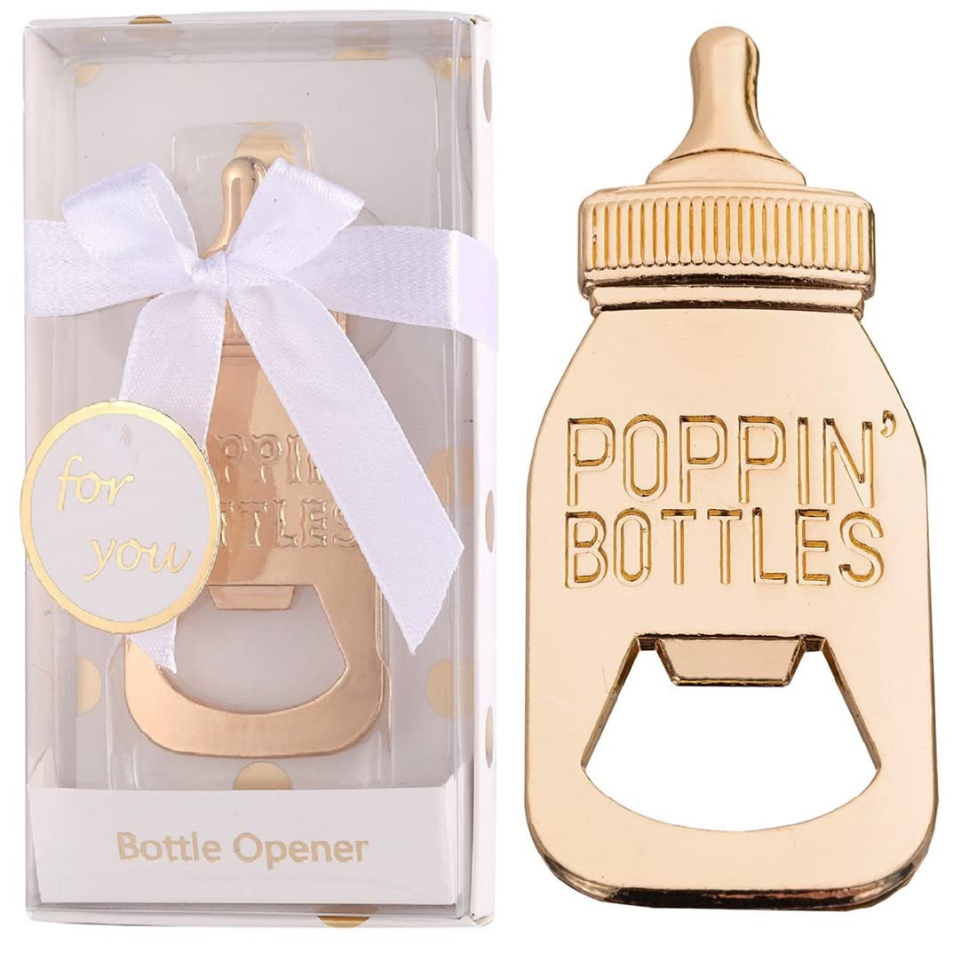 Juego de 18 abrebotellas para regalos de baby shower, decoraciones de baby shower, recuerdos de novia, abrebotellas Poppin con exquisita caja de regalo utilizada para fiestas de bebé (blanco