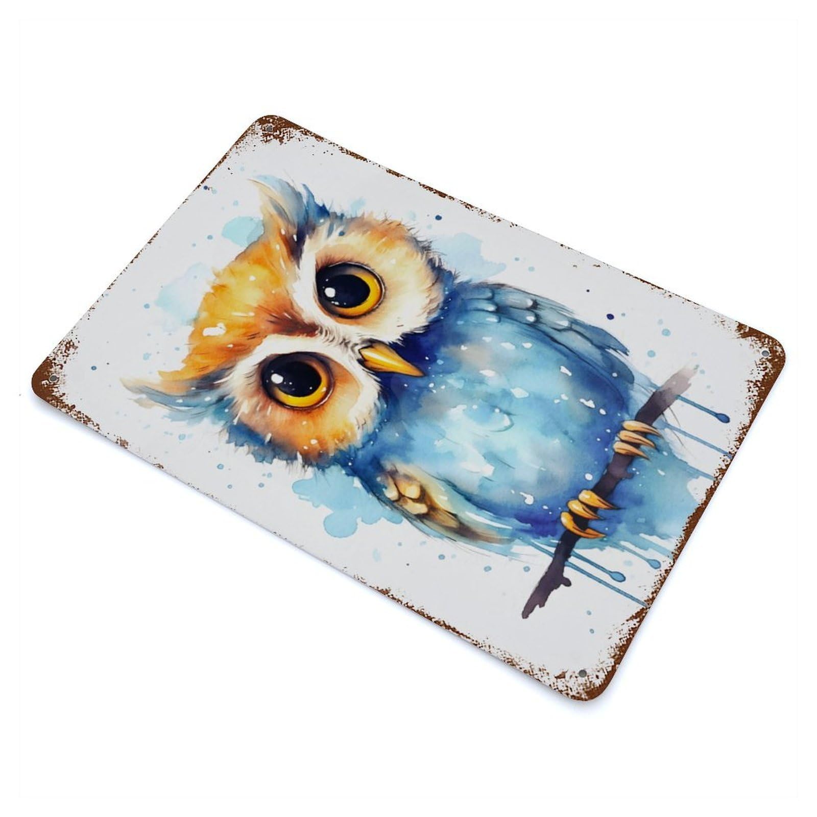 Rust Effect Cute Baby Owl Watercolors Rustic Tin Plaque 11.8"x7.9", Decorative Metal Wall Art for Farmhouse, Kitchen And Entryway Decor