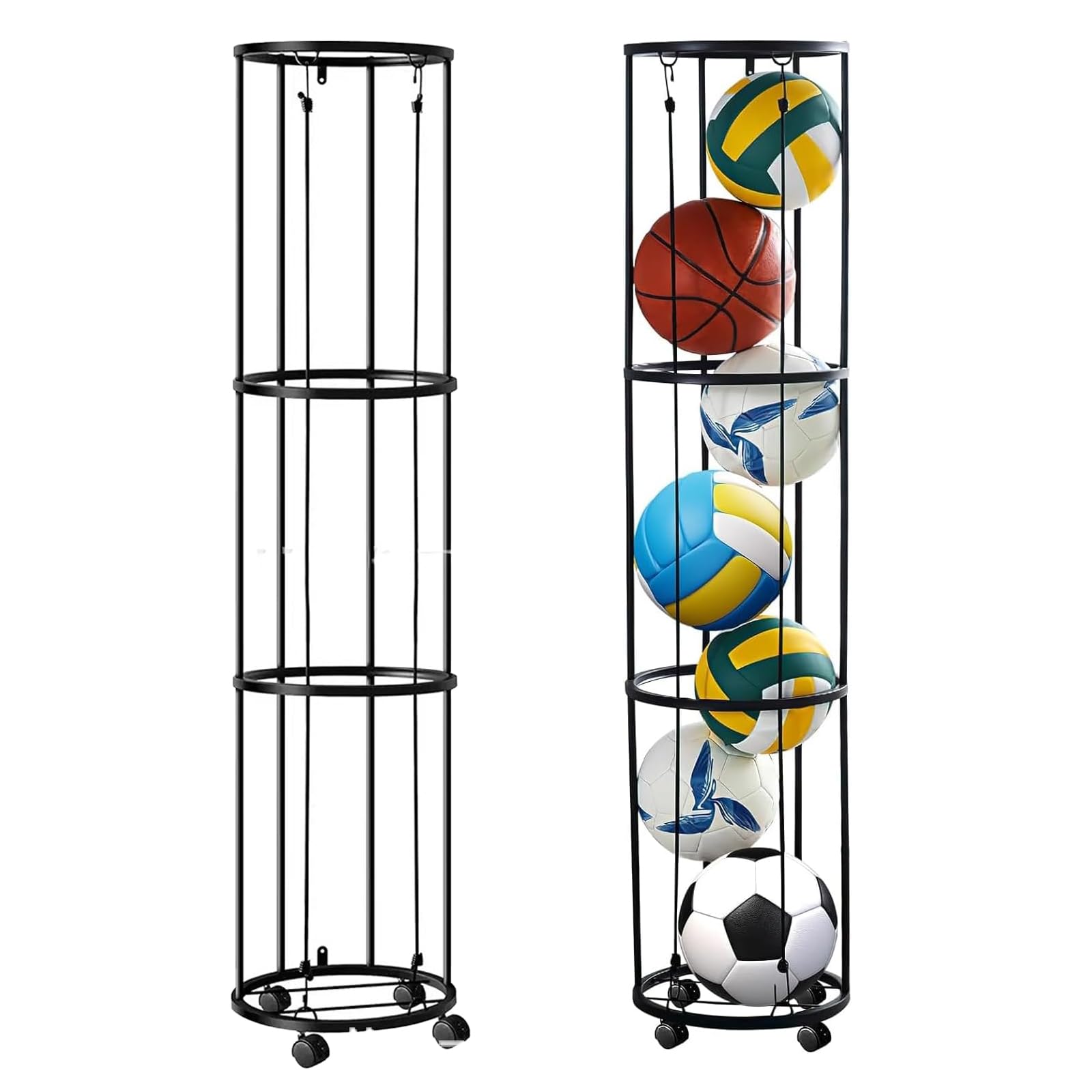 Aisny Portapalle da Calcio, 3 Livelli Supporto da Parete con Rotelle Supporto da Parete per Palloni da Calcio Nero Organizer Rimovibile per Palloni da Basket per Garage E Casa 144x30x30 Cm