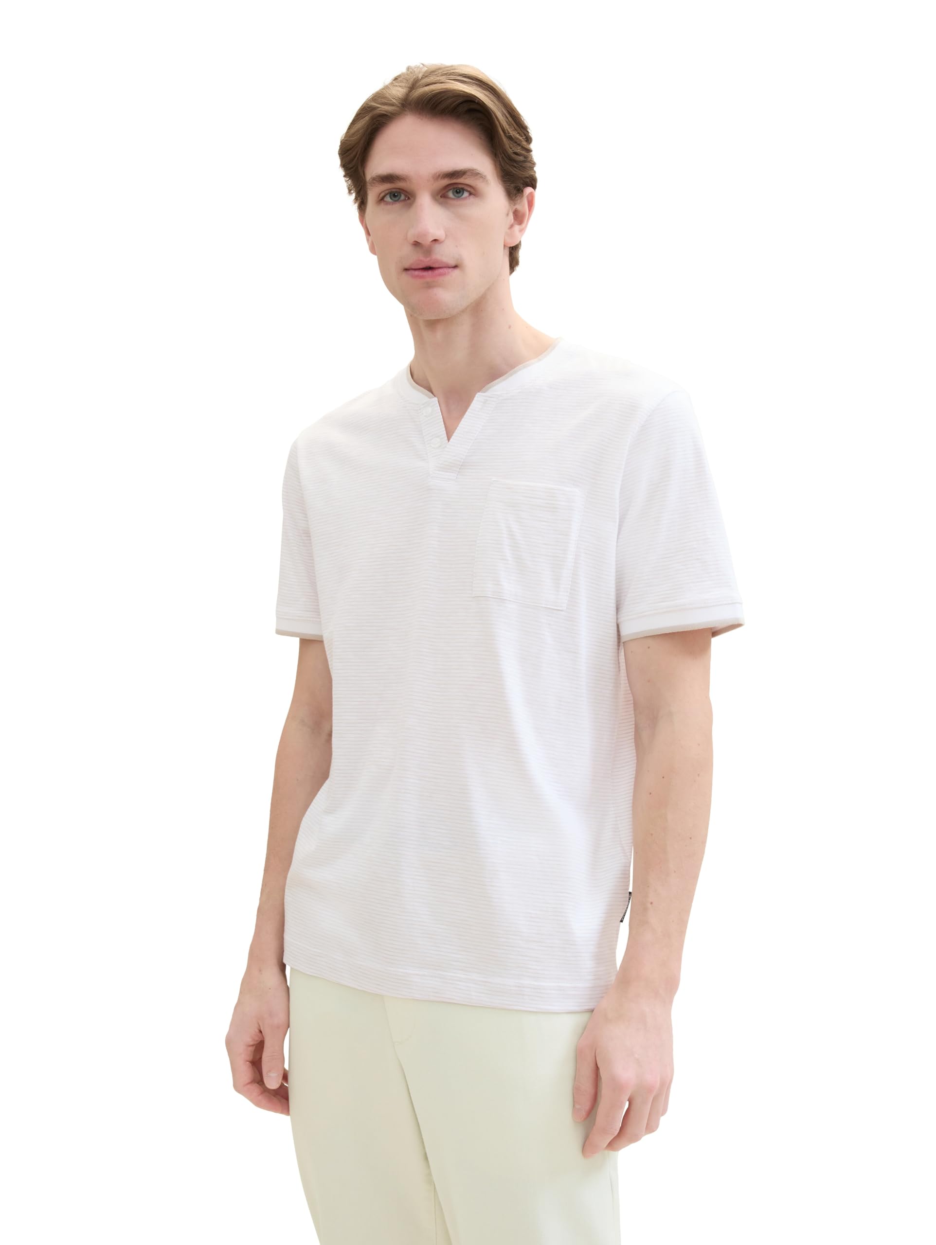 TOM TAILOR Men's Basic Serafino Striped T-Shirt, 35619 - White Fine Stripe, L
