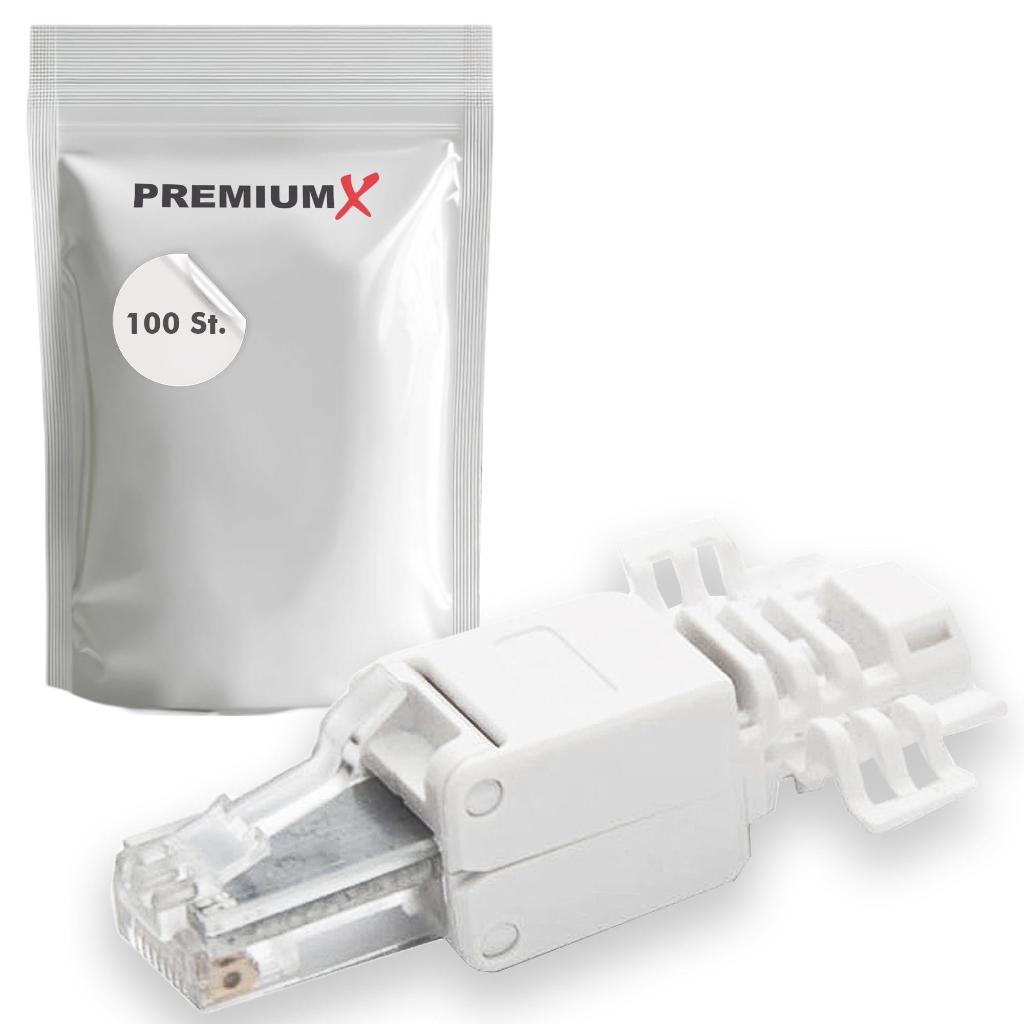 Premium X 100x Netzwerkstecker CAT6a RJ45 Adapter Kupplung für CAT6 und CAT7 Verlegekabel Patchkabel AWG 24, 25 und 26 Innenleiter LAN Stecker Werkzeugfrei Werkzeuglos Stecker
