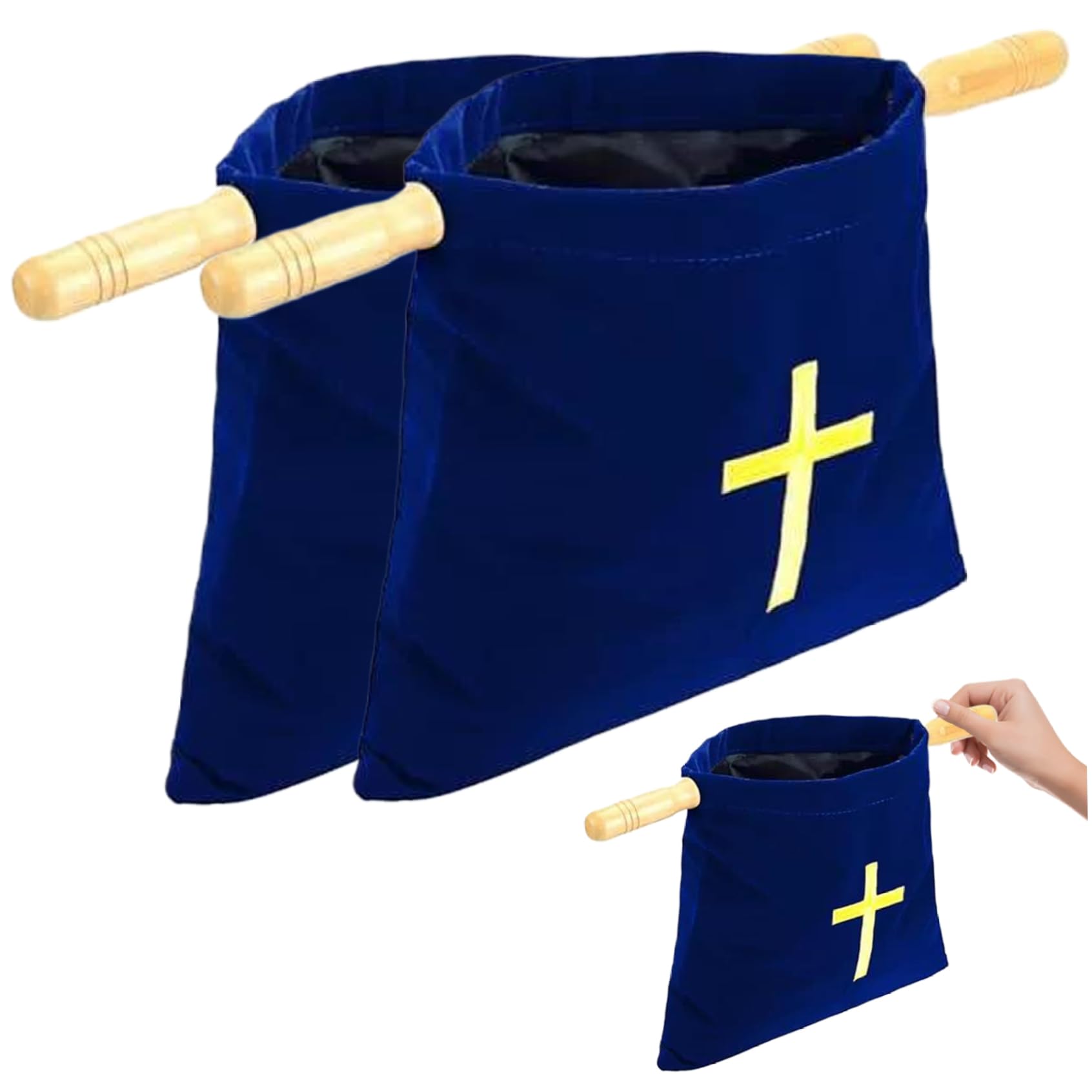 2PCS Offering Baskets for Church, Embroidered Cross Bible Bags with Wood Handles, Flannel Church Bags for Churches Communion Supplies Blue Bible Accessories