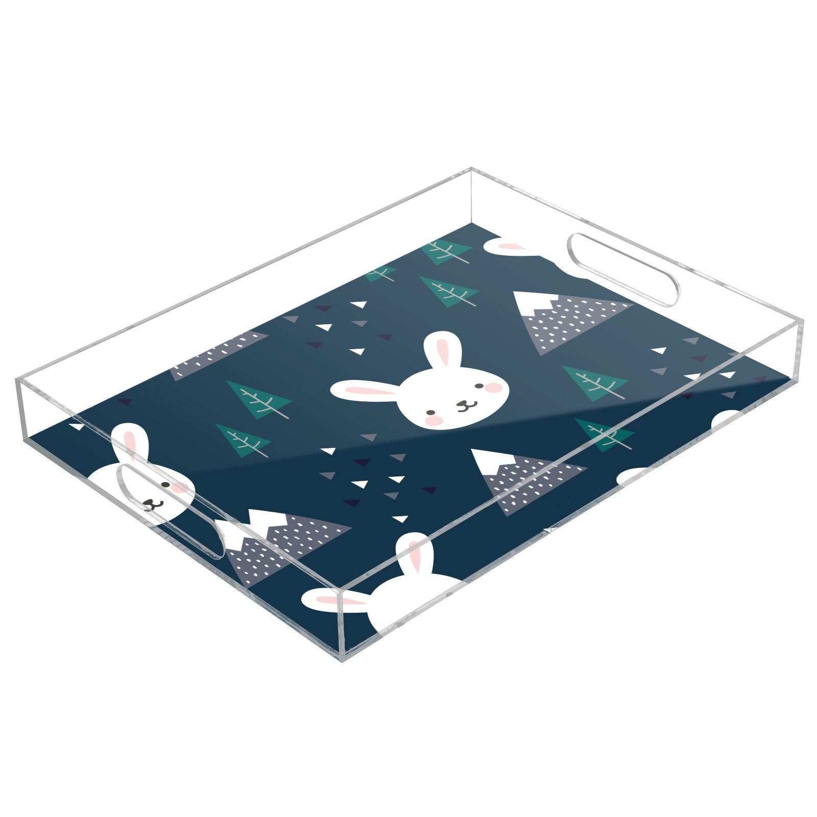 Bandejas acrílicas transparentes Happy Cute Bunny en bandeja transparente personalizada para servir con asas, bandeja acrílica para galletas de 12 x 16 pulgadas, bandeja de servir acrílica impermeable