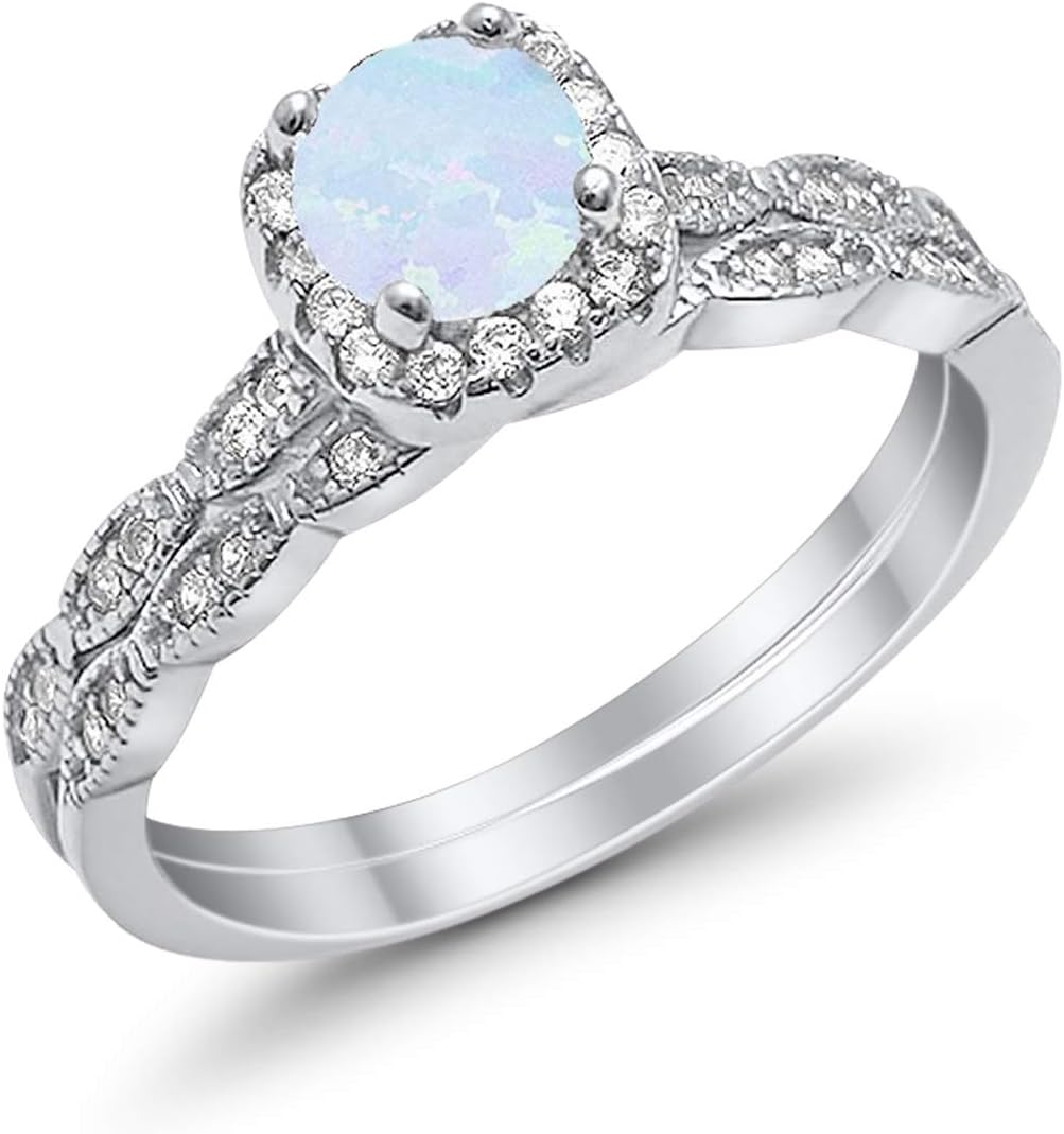 Blue Apple Co. Halo Art Deco Design Wedding Bridal Ring Band Set Lab White Opal CZ Sterling Silver Choose Color