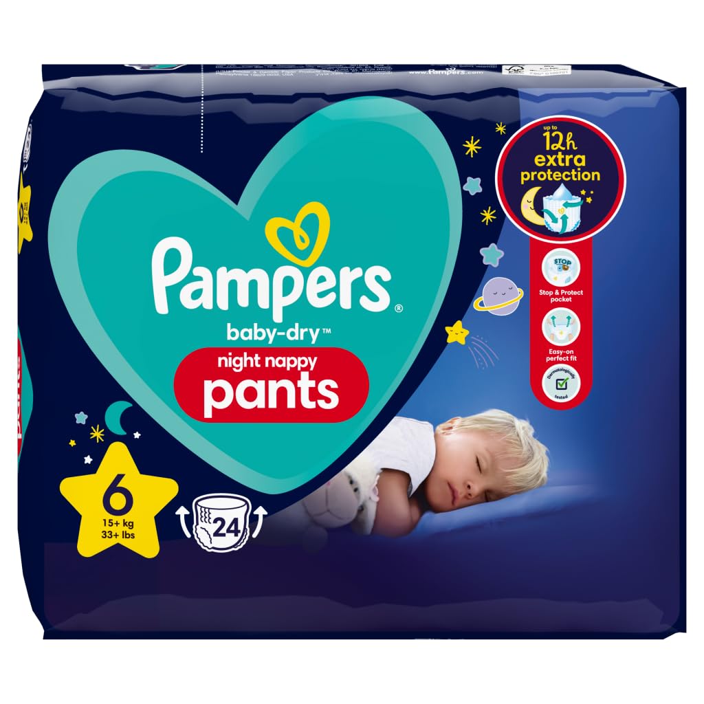 Pampers Baby-Dry Night Nappy Pants Size 6, 24 Night Nappies, 15kg+, Essential Pack, Pampers Most Absorbent Pants for Extra Night Protection