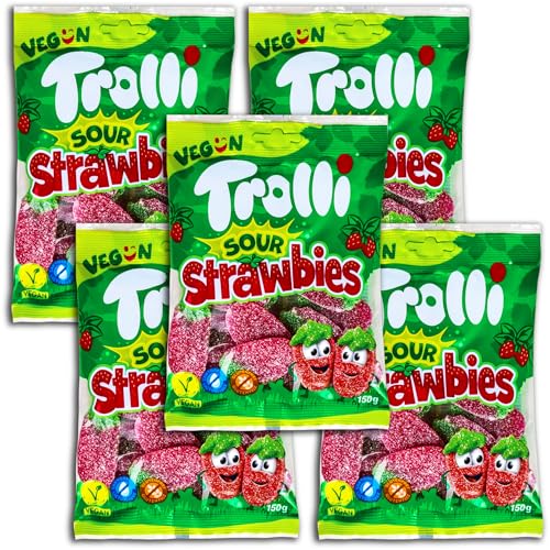 5 er Pack Trolli Sour Strawbies 5 x 150g sauer gezuckerte Fruchtgummi-Erdbeeren