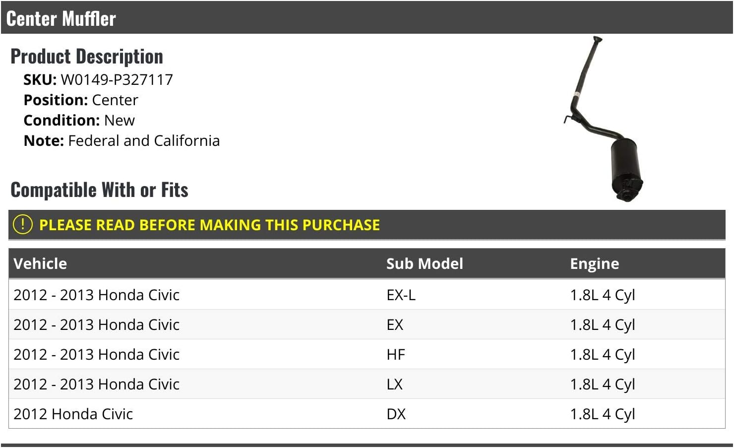 Center Muffler - Compatible with 2012-2013 Honda Civic 1.8L 4-Cylinder