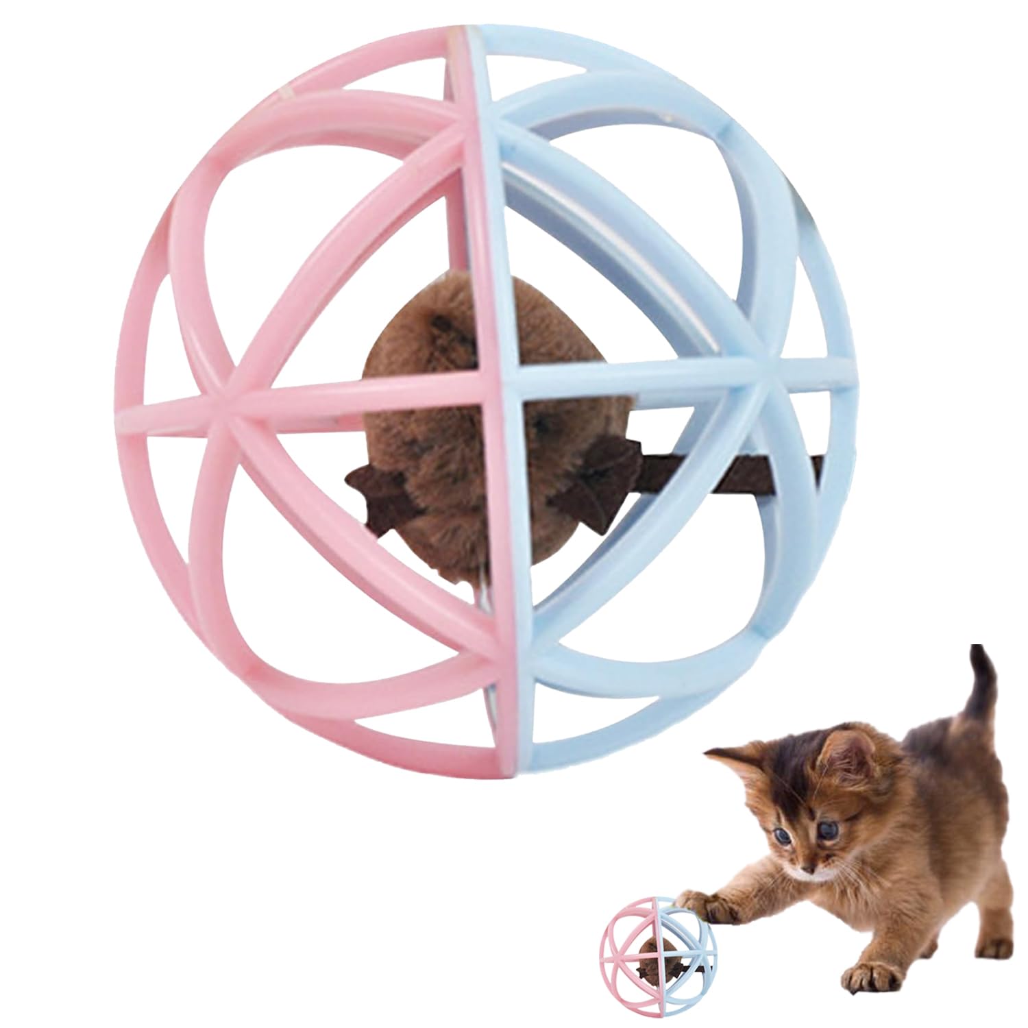 FAHOI Interactive Cat Toy Plastic Cat Ball Toy with Fake Mouse for Playing, Chasing, Chewing, Training (Blue+Pink)