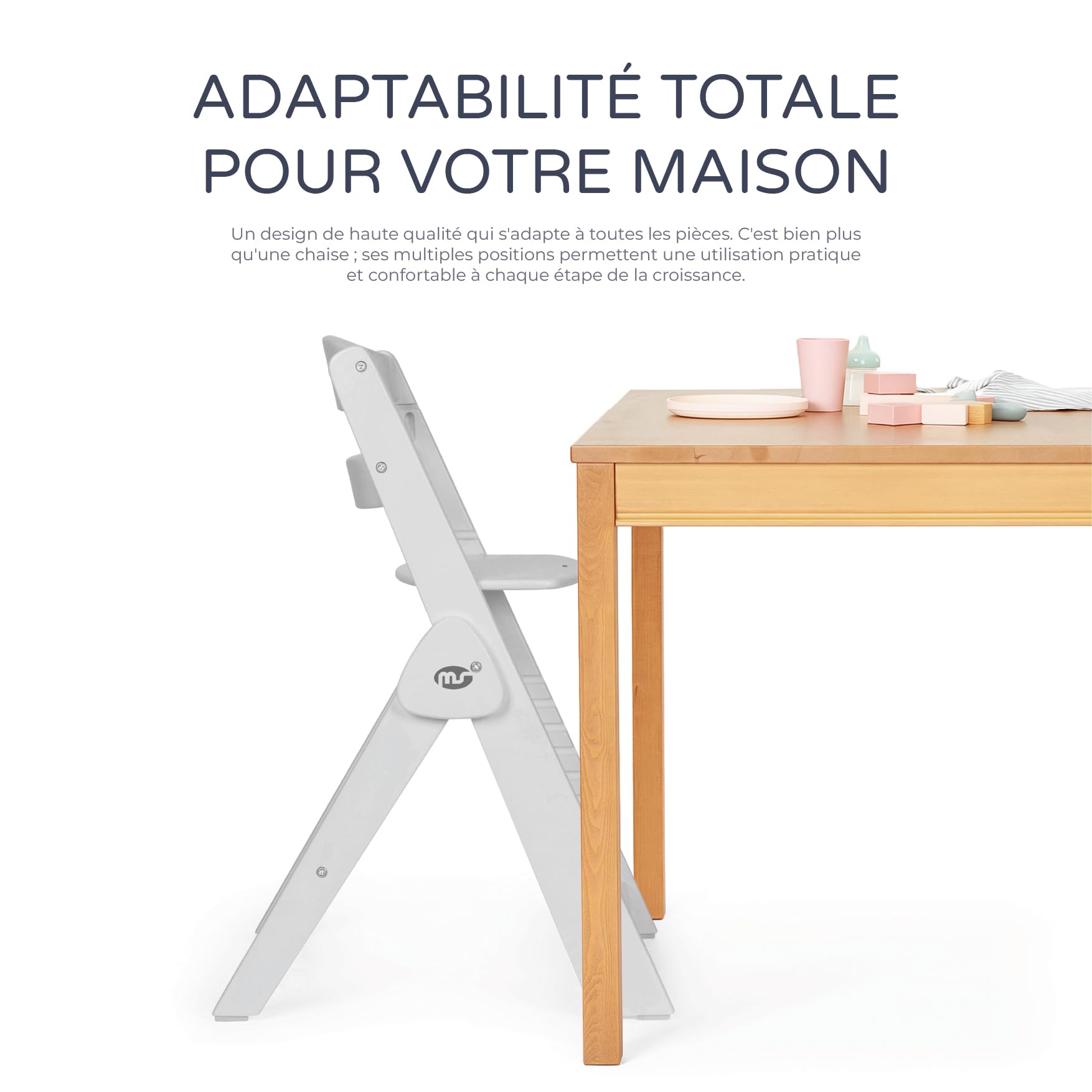 Ms BabyWorld - Chaise Haute Full PLIANTE en bois | Évolutive | Réglable en hauteur | Repose-pieds | Plateau Amovible | Convertible et Sécurisée | Harnais à 5 Points | Style Nordique