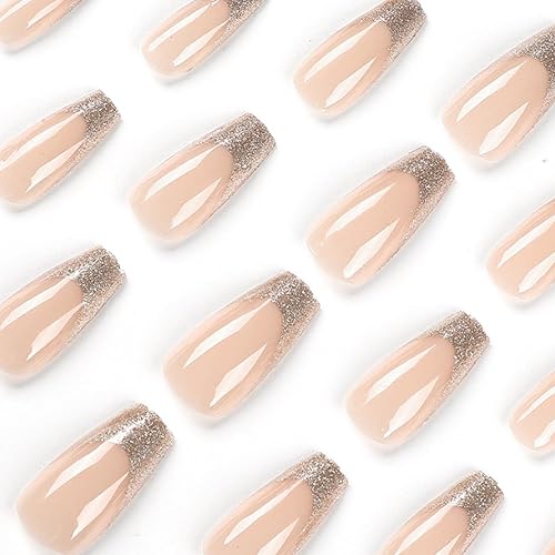 Miniatura 3 de Uñas postizas largas a presión, francesas, cuadradas, de cobertura completa, uñas postizas acrílicas color piel para mujeres y niñas, 24 unidades