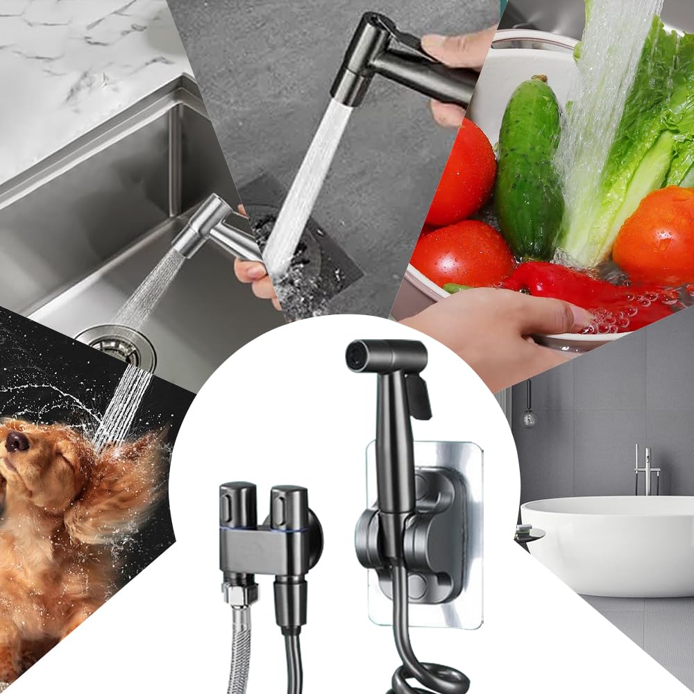 Douchette WC Kit pour Toilettes avec Tuyau Flexible et Support Douchette à Main 1 en 2 Sorties à Double Pulvérisateur Bidet Toilette Inoxydable Rincer le Pistolet à Peinture Bain