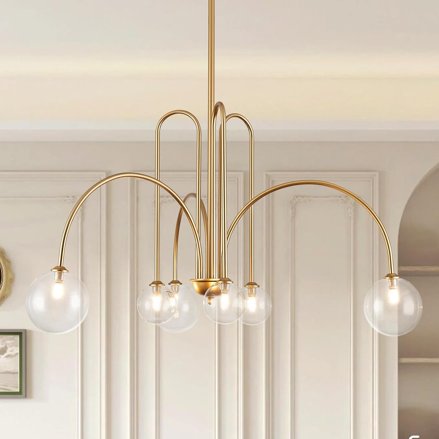 Gold Sputnik Chandelier,6 Lights Large Modern Chandelier L40”Mid Century Long Ceiling Pendant Light Fixtures for Dining Room with Clear Glass Globe Shades for High Ceiling Foyer Living Room