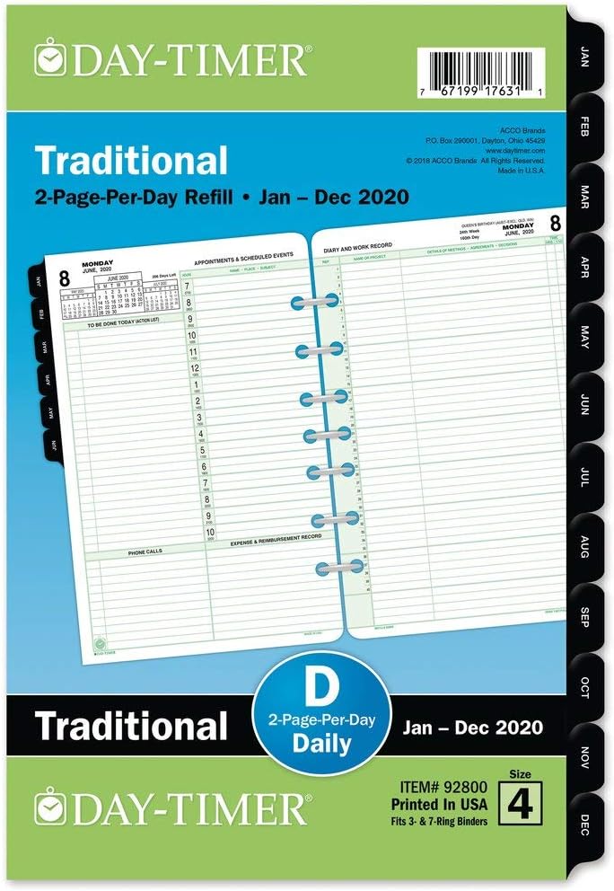 Day-Timer 2020 Daily Planner Refill, 5-1/2" x 8-1/2", Desk Size 4, Two Pages Per Day, Loose Leaf, Traditional (92800)