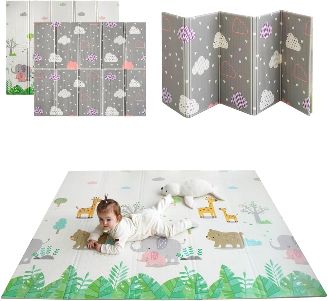 MIKMEL Alfombra Bebe Acolchada Plegable 180x150x1 cm – Tapete de Juegos Infantil Reversible (Nubes/Animales) – Colchoneta Bebe Suelo Impermeable para Gateo y Actividades