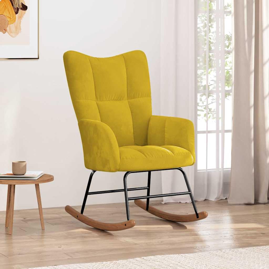 Sillón mecedora de terciopelo amarillo mostaza con acolchado espumado, estructura de acero y patines de madera, dimensiones totales 61 x 78 x 98 cm, para salón y balcón