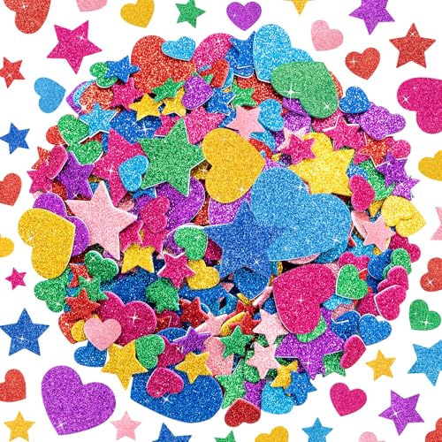 1024PCS Glitter Foam Stickers for Kids - Self-Adhesive Heart & Star Shapes Sparkle Craft Stickers for DIY Greeting Cards Scrapbooking Home Decor Envelopes & Childrens Art Projects