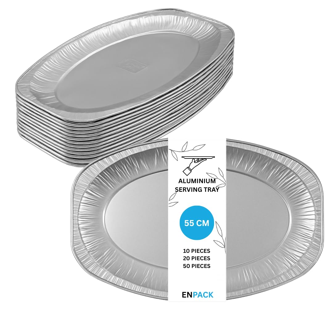 Enpack Alu Servierplatte 55cm - ovaler einweg Teller - große Tortenplatte für Catering, Party oder andere Veranstaltungen - Aufschnittplatte Serviertablett für Buffet (10)