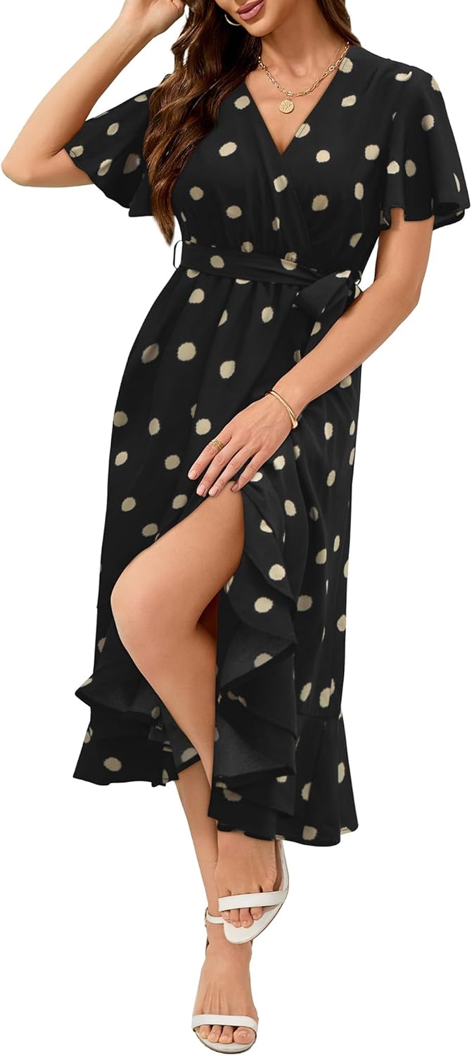 Women's Summer Floral Wrap Dress Casual Boho Printed V Neck Short Sleeve Ruffle Flowy Beach Midi Dresses with Pockets