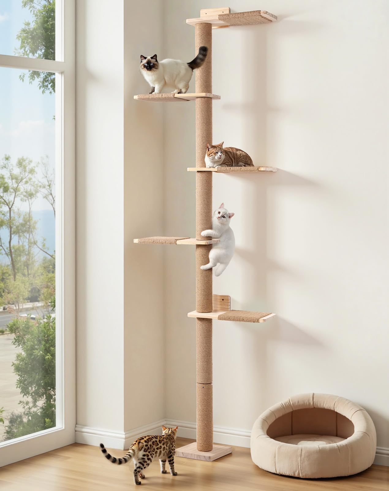 PawGiant Rascador de Pared para Gatos de 5 Niveles (213 cm), Árbol Torre de Escalada de Madera con Postes de Sisal y Plataformas, Mueble Vertical Ahorro de Espacio para Gatos Pequeños y Medianos