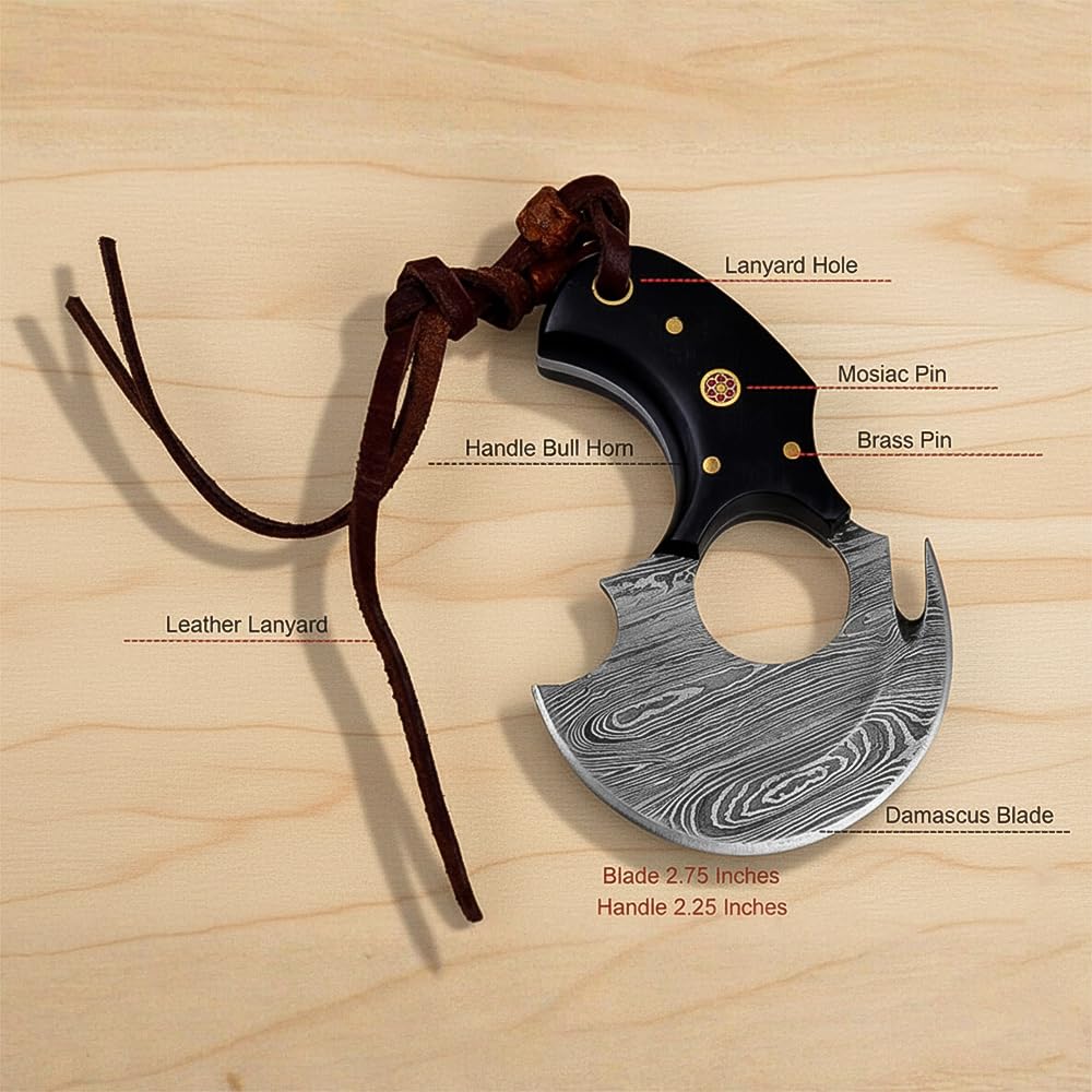 Dessi Alaskan Ulu Knife Damascus Steel Rocker Blade for Chopping Mincing Slicing, Bull Horn Handle with Mosaic Pin, Leather Sheath & Lanyard, Kitchen Pizza Cutter Mezzaluna SM150 — Amazon image 4