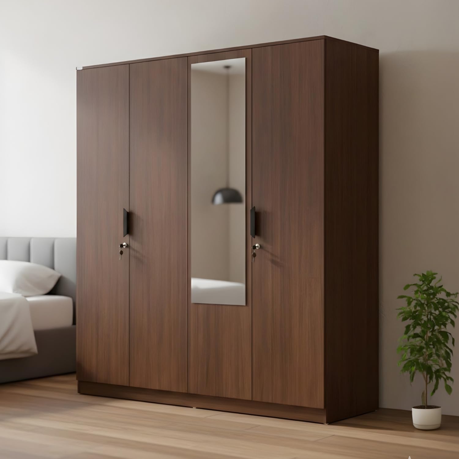 Nilkamal Milford 4 Door Wooden Wardrobe with Mirror for Bedroom | Almirah with 6 Shelves, 2 Hanging Rods & 2 Drawers | Clothes Cupboard | Engineered Wood | Classic Walnut-picture-29