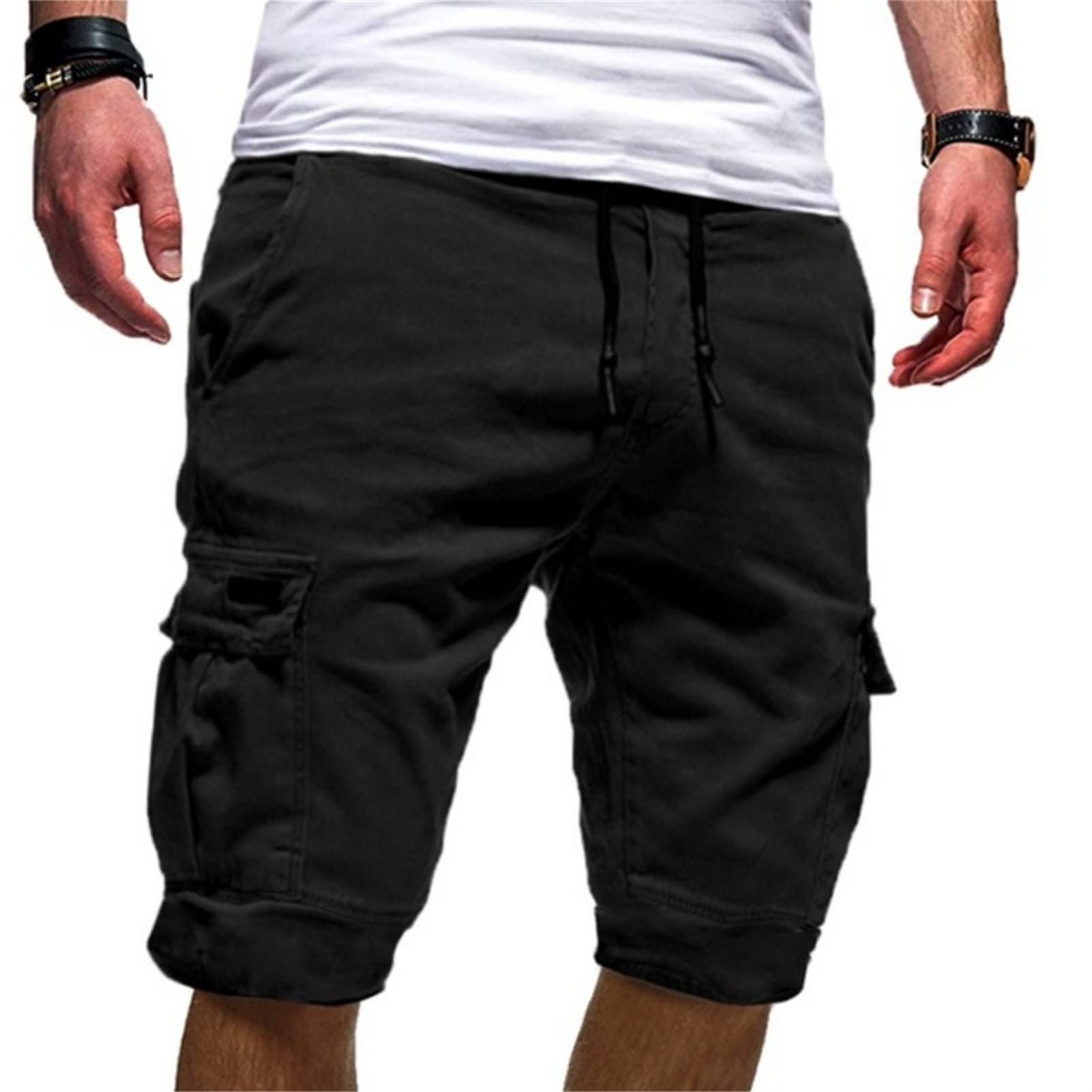 Men's Casual Multi Pocket Short Pants Elastic Waist Relaxed Fit Cargo Shorts Loose Fit Lightweight Outdoor Shorts (Black,Large)