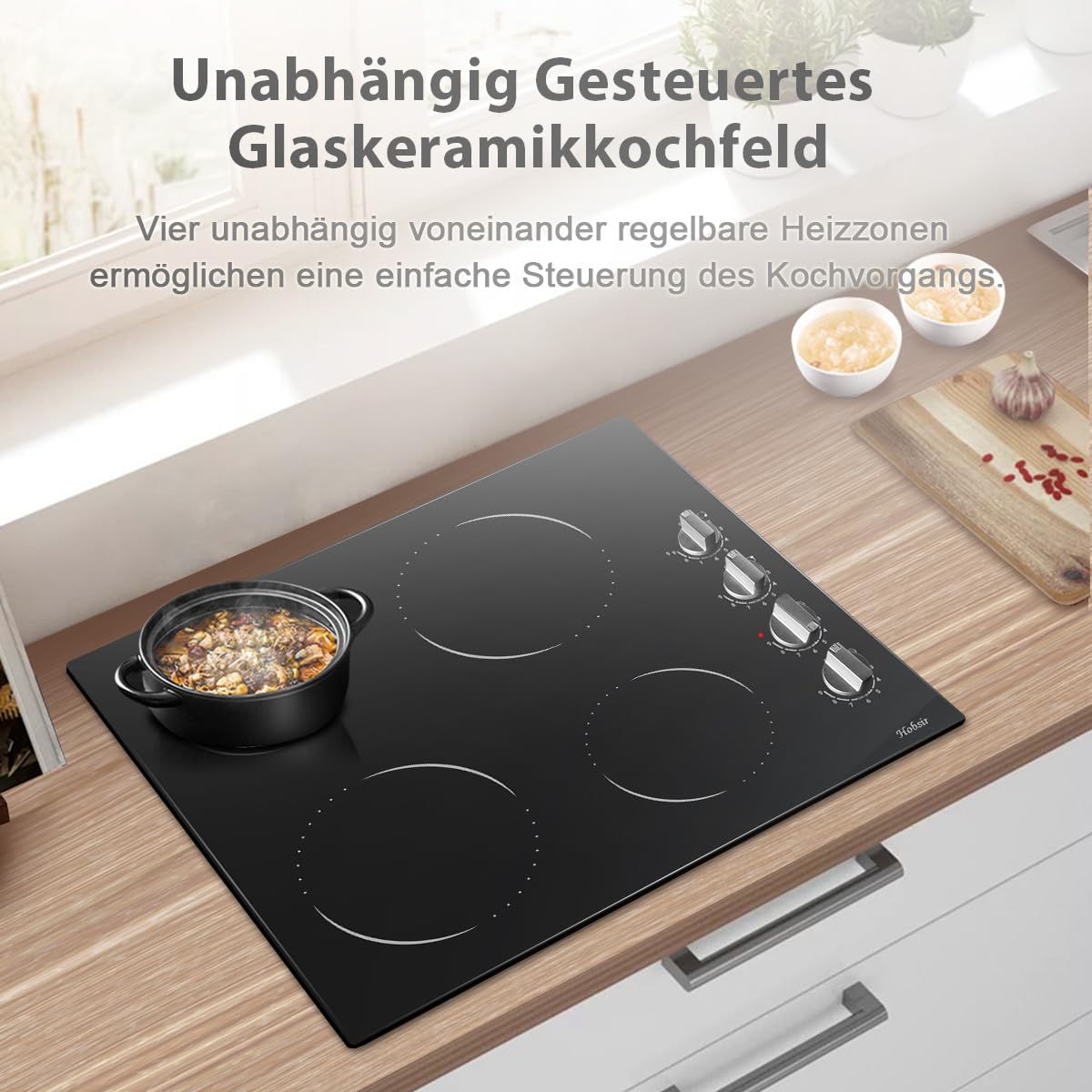Hobsir Einbau-Backofenset mit Glaskeramikkochfeld: 60L Backofen mit 9 Heizmodi & Umluft + 60cm Kochfeld 6000W, 4 Zonen & Drehregler