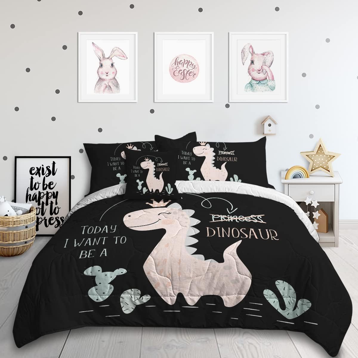 Sleepwish Cute Dinosaur Princess Comforter Set for Kids Girls Black Bedding Set Queen Size 4 Piece Soft Comfortable