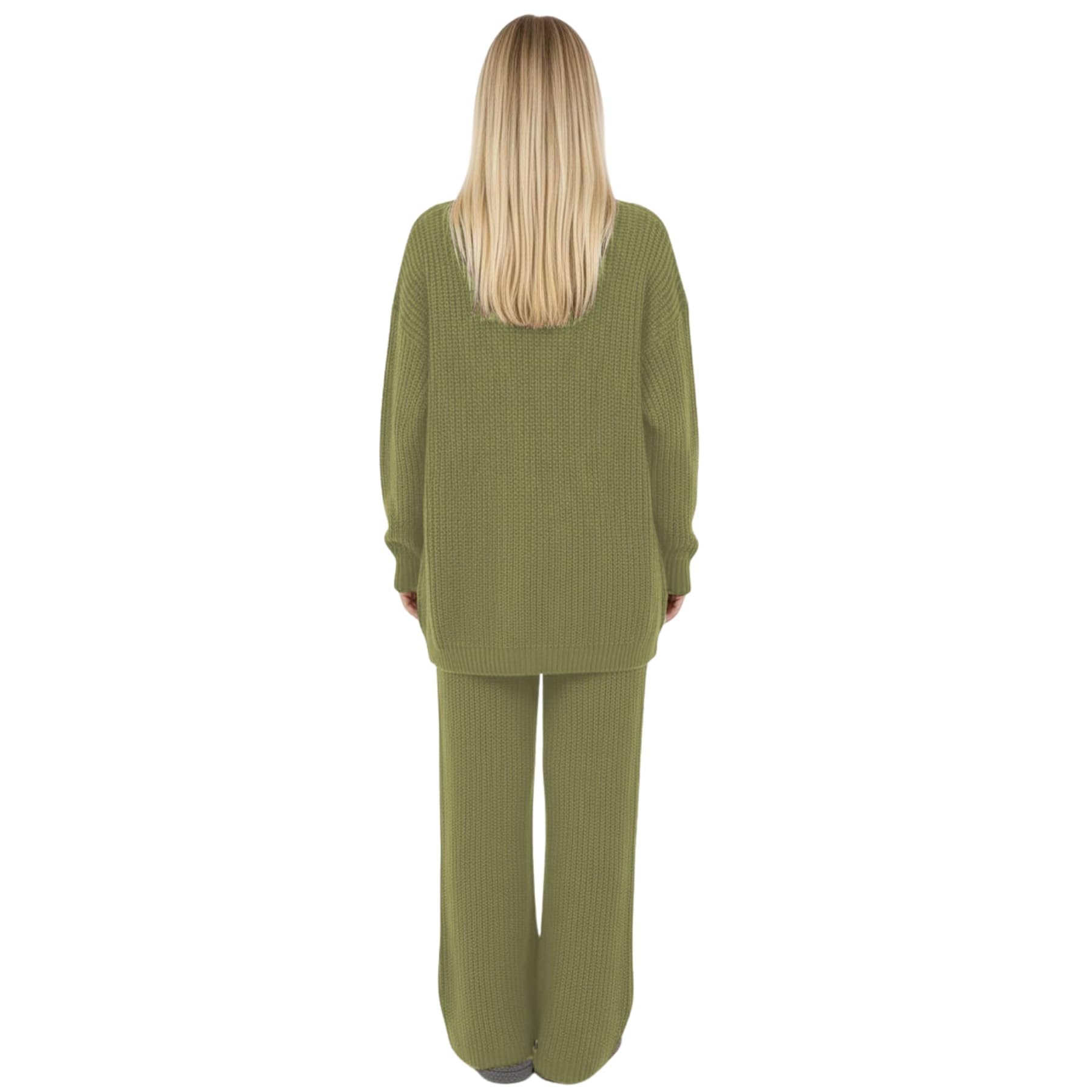janisramone Set da donna in 2 pezzi, maglia a trecce, maglione a maniche lunghe con scollo a V e pantaloni a gamba larga, tuta per autunno e inverno, taglia 40-46