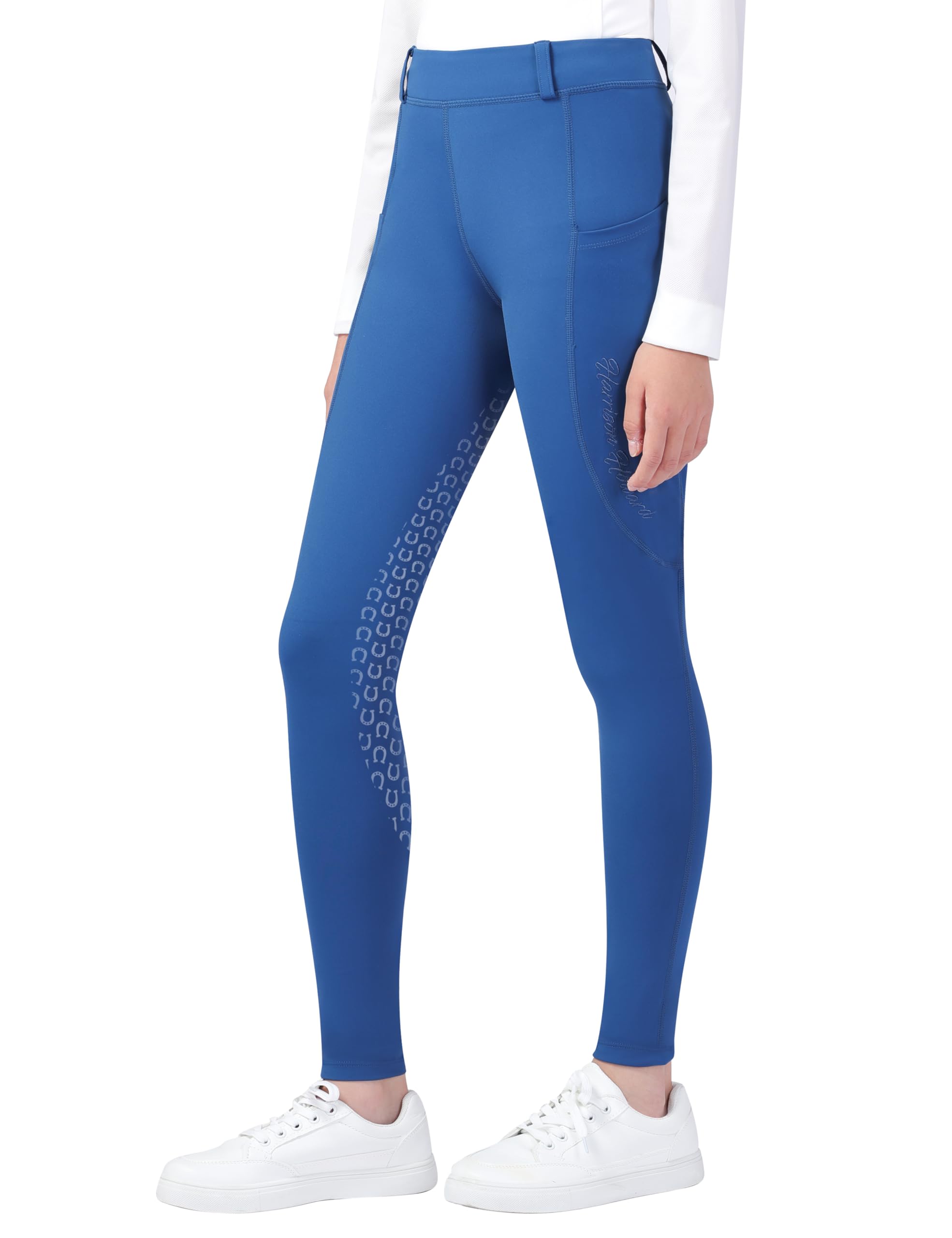 Harrison Howard Pantalones de equitación para niñas con bolsillos y trabillas para cinturón, mallas de equitación de asiento completo para niñas