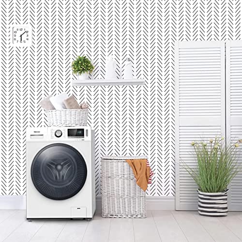 Erfoni Black And White Wallpaper Modern Herringbone Contact Paper For Bathroom 17.7Inch X 590.5Inch Geometric Removable Wall Paper Peel And Stick Line Self Adhesive Contact Paper #TOP7