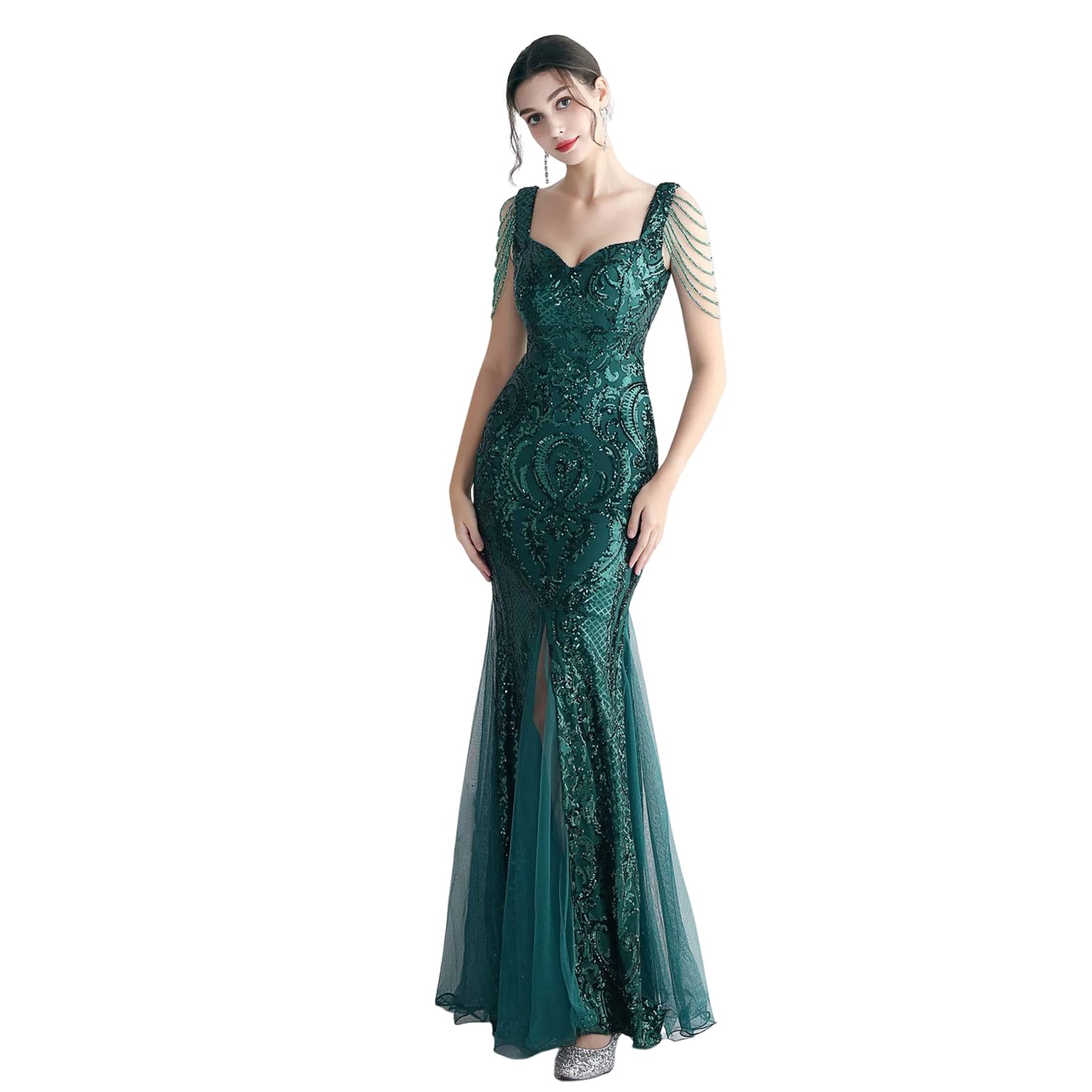 Damen Glänzend Abendkleider Maxikleid Elgant V-Ausschnitt Meerjungfrau Cocktailkleid Cabrio Wickelkleid Festlich Kleid